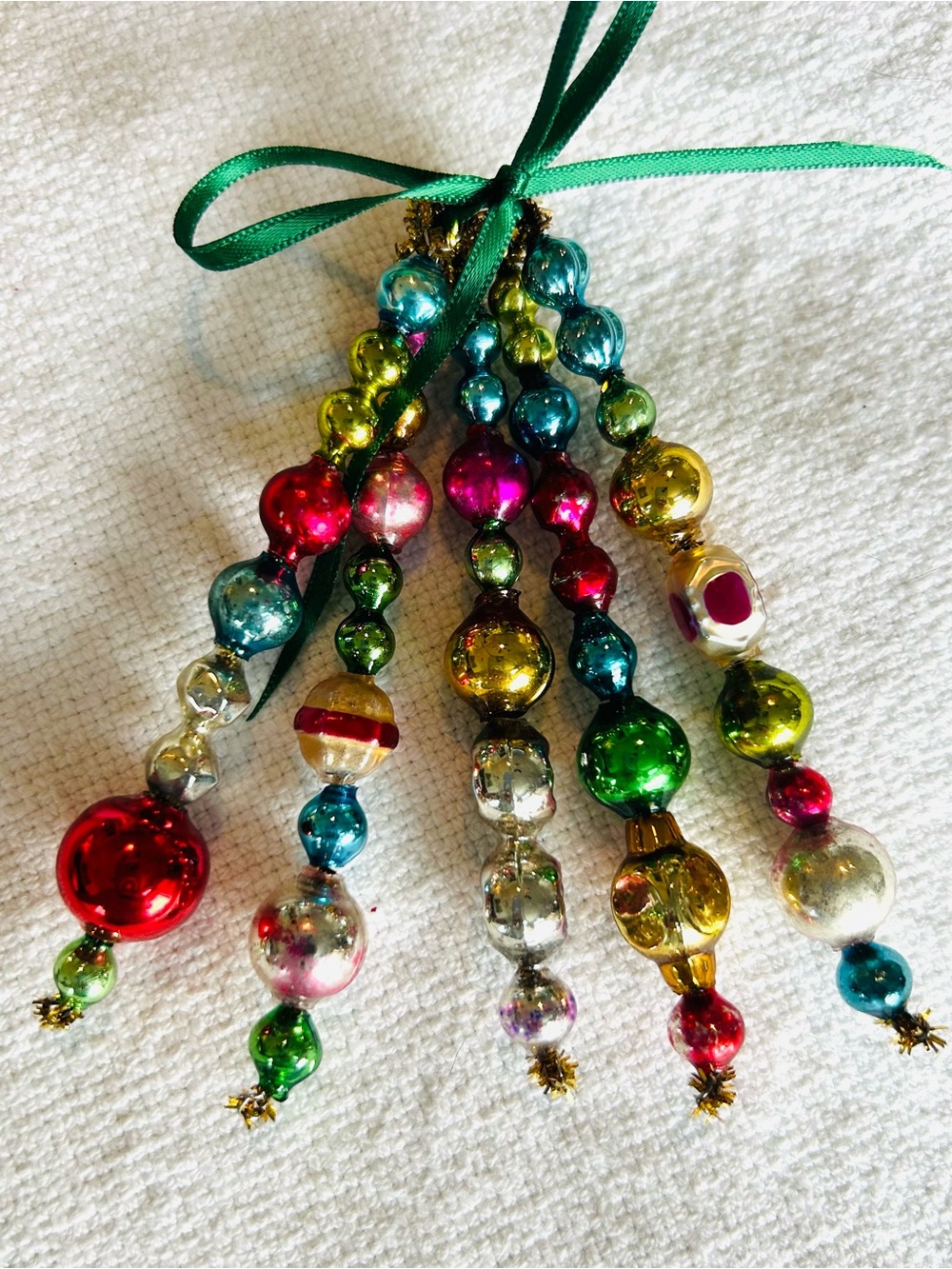 Mini Vintage Repurposed  holiday Christmas ornaments, mercury Glass bead icicle